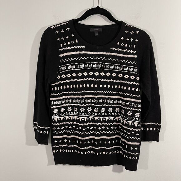 J Crew Women's Black Embroidered Quarter Sleeve Sweater Size S - Picture 1 of 7